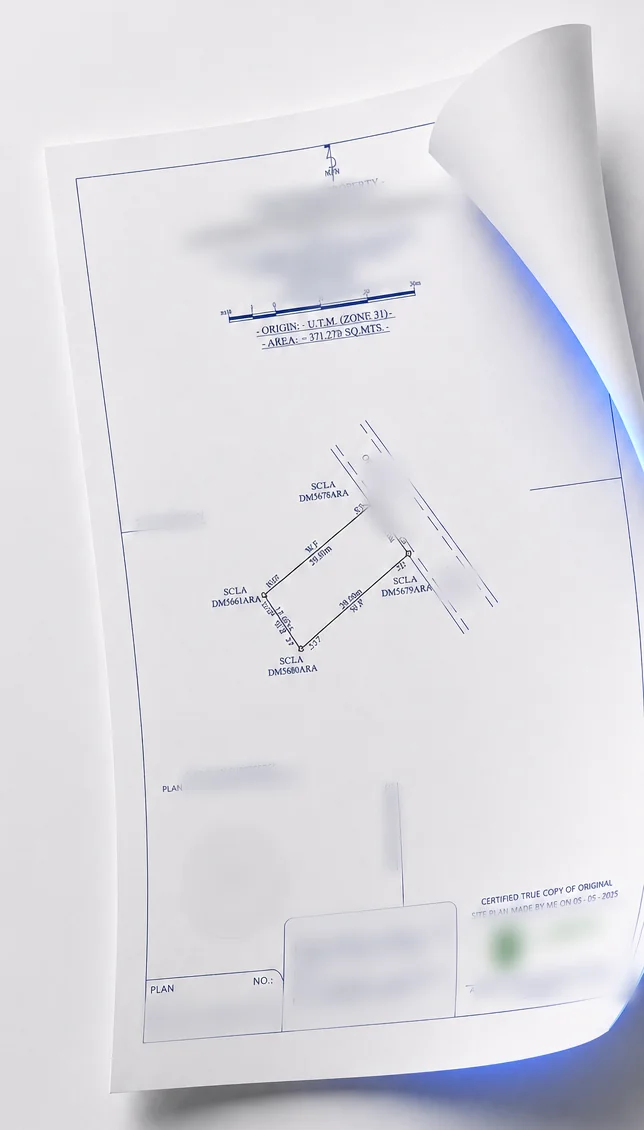 A printed cadastral survey plan being scanned and its plot boundary traced, with names and contact details blurred